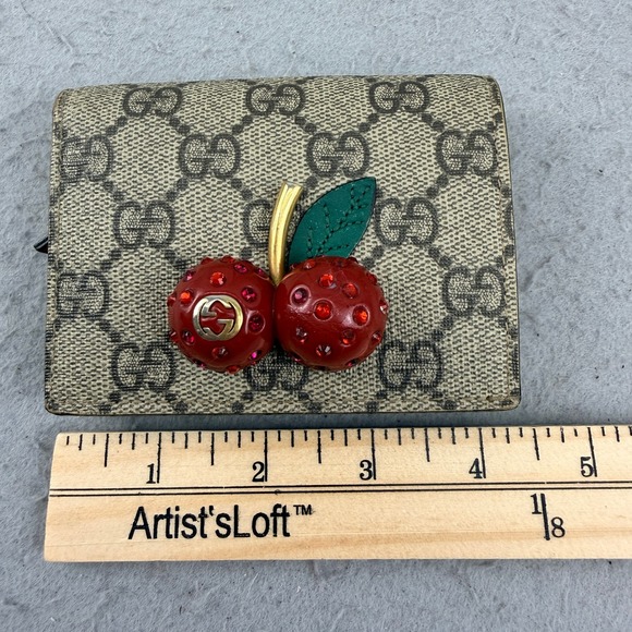 Gucci Cherry Wallet GG Supreme Canvas Red Leather Compact 476050-1147 - Picture 14 of 15